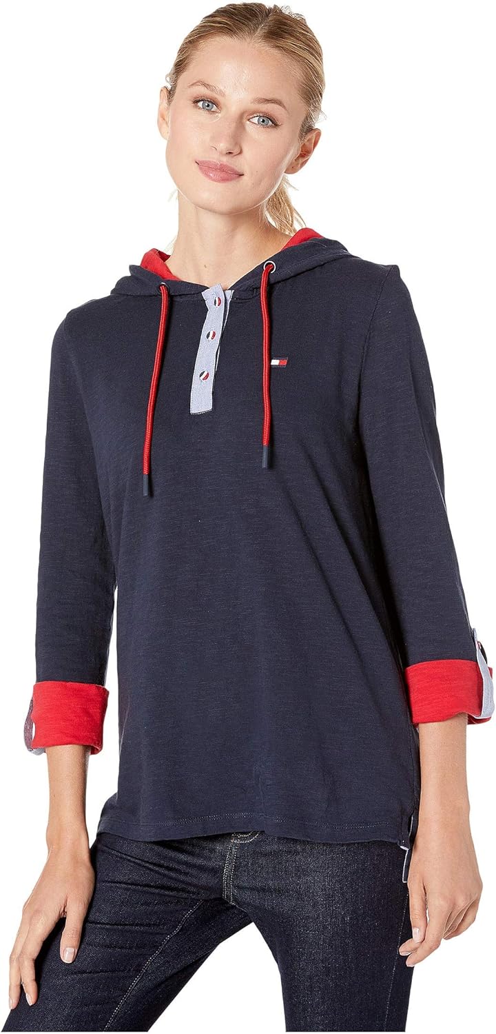 

Женский трикотажный спортивный топ с капюшоном и длинными рукавами от Tommy Hilfiger, Sky Captain