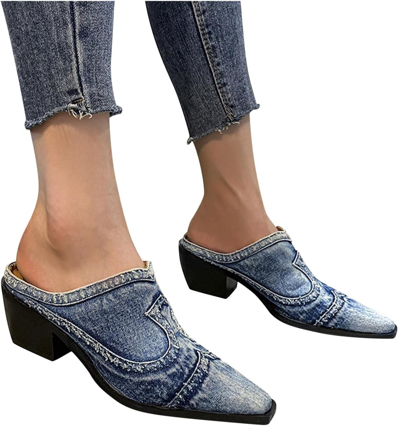 

Женские мюли Hbeylia, модные повседневные джинсовые лоферы с закрытым носком без задника, на устойчивом среднем каблуке, синий