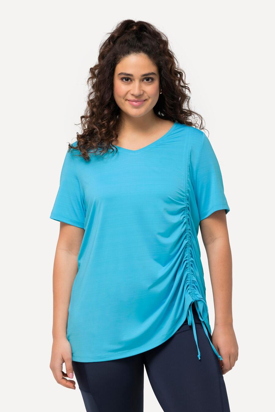 

ULLA POPKEN Женская функциональная рубашка со сборками, А-силуэтом, V-образным вырезом, короткими рукавами.