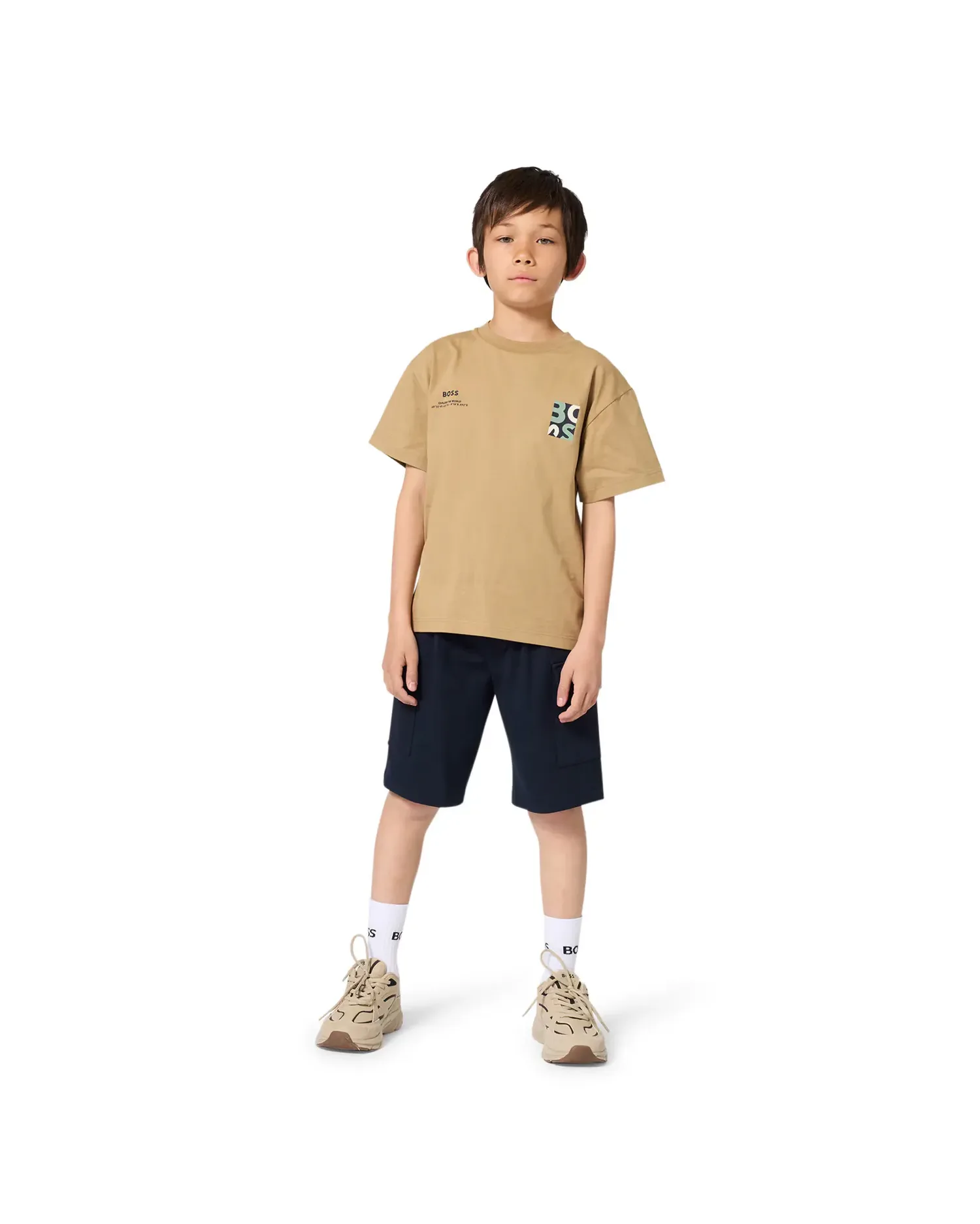 Футболка для мальчика с короткими рукавами с рисунком спереди из хлопка BOSS Kidswear, Natural — фото 3