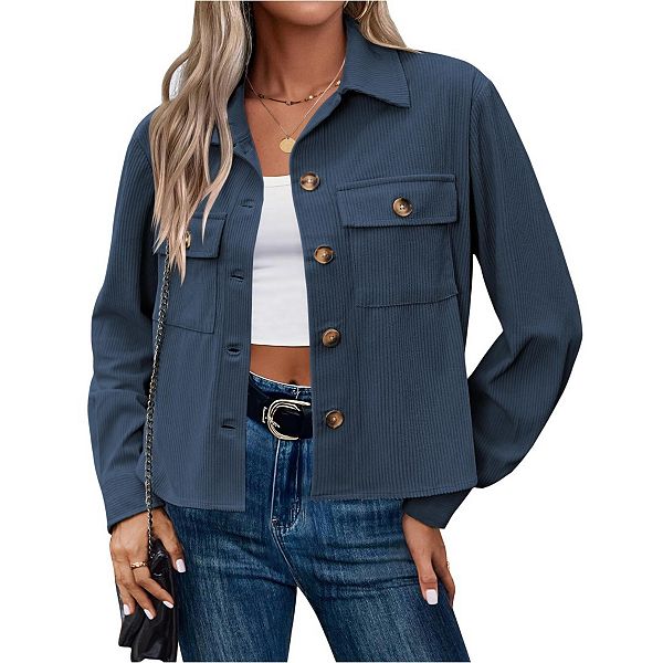 

Женская укороченная куртка-рубашка из вельвета с длинными рукавами Yesfashion, Navy Blue
