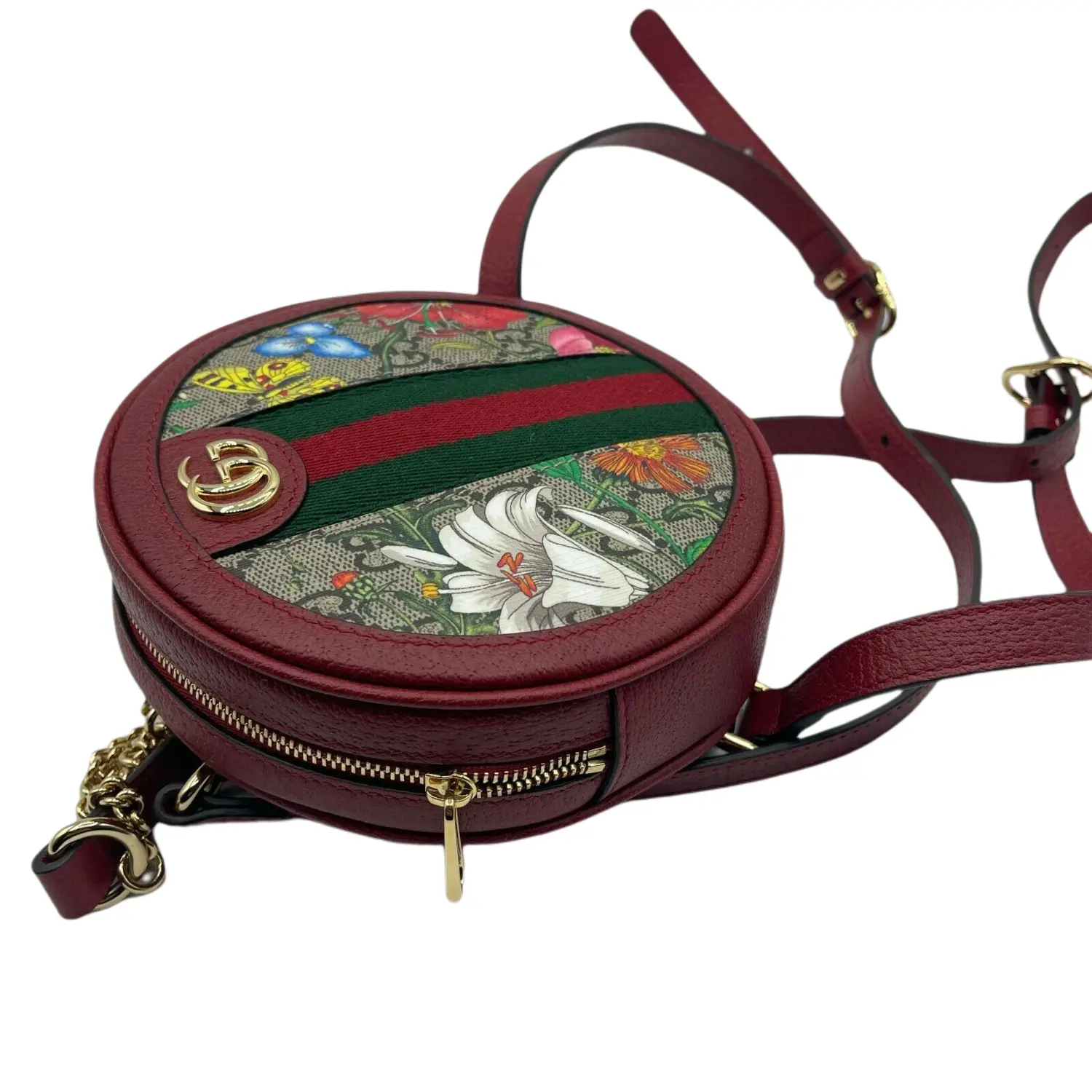 

Gucci Ophidia Supreme GG Холщовый круглый рюкзак с цветочным принтом и отделкой, красный