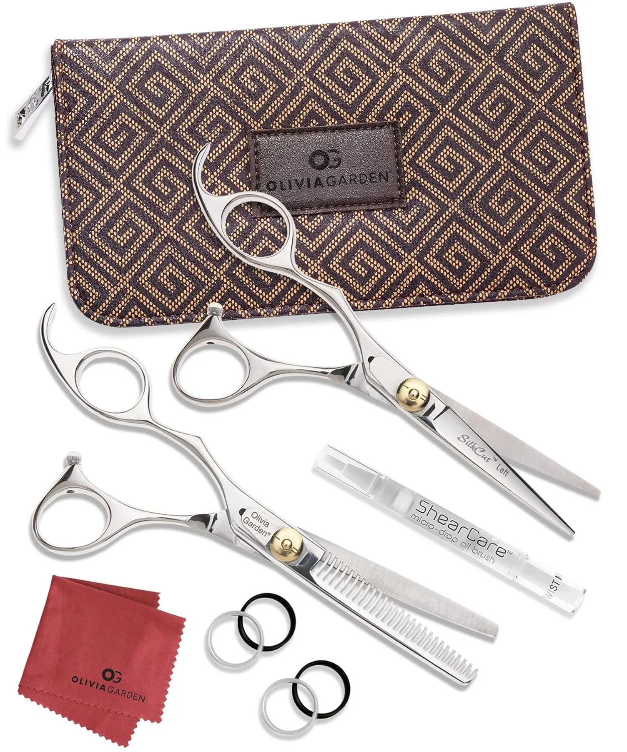 Набор для начинающих Olivia Garden SilkCut Shears - включает профессиональные ножницы для стрижки волос, филировочную машинку, футляр и аксессуары - острые как бритва ножницы для левшей 5.75" для левшей (модель SK-C02L), Silver