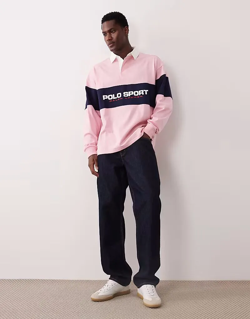 Спортивная регби-поло Polo Ralph Lauren Sport с нагрудной панелью и логотипом в виде флага, свободного кроя, розового цвета — фото 2