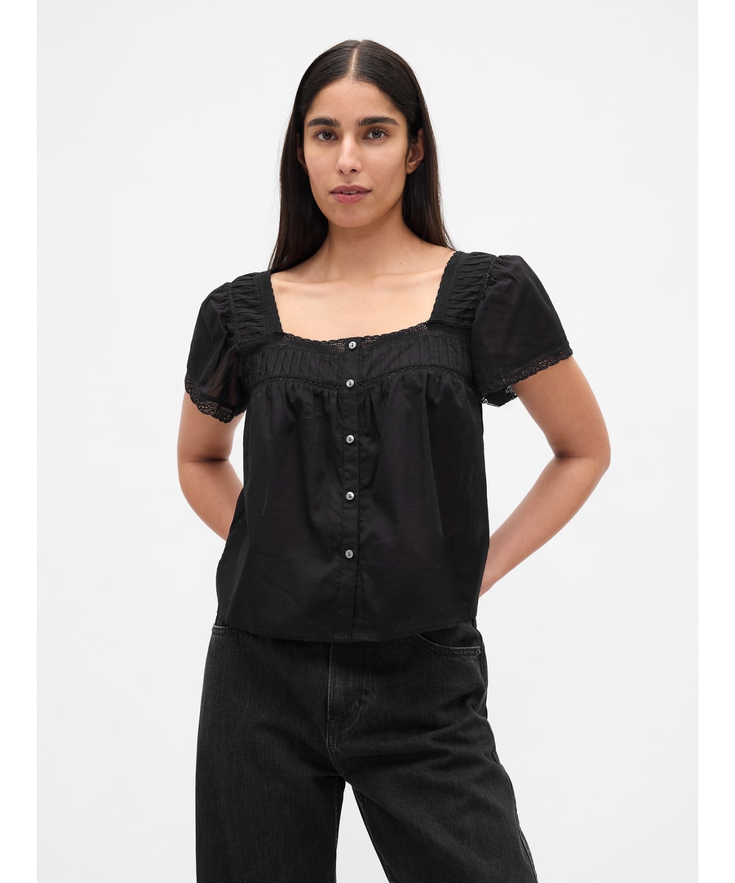 (W) Топ с квадратным вырезом и кружевной отделкой GAP, TRUE_BLACK