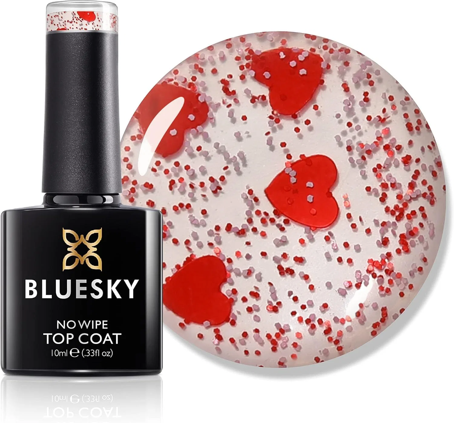 Гель-лак Bluesky «Queen of Hearts No Wipe» с красными блестками, 10 мл Bluesky, No Wipe Top Coat - Queen Of Hearts