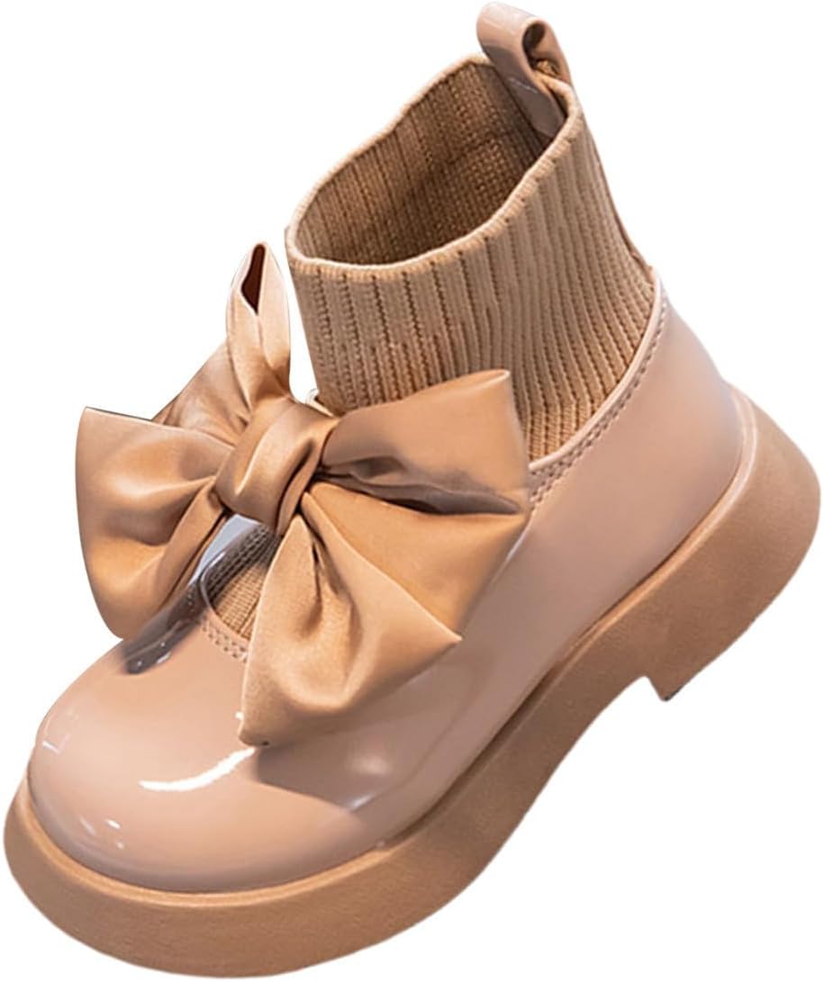 

Детские блестящие кожаные ботинки для девочек с бантиком, вязаные носки, короткие туфли до щиколотки, обувь для школы и прогулок на улице Generic, хаки