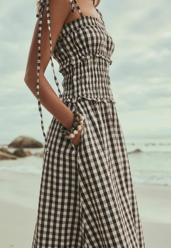 Платье макси с бандо Next, Tall fit bandeau maxi dress, шоколадно-коричневая клетка — фото 4
