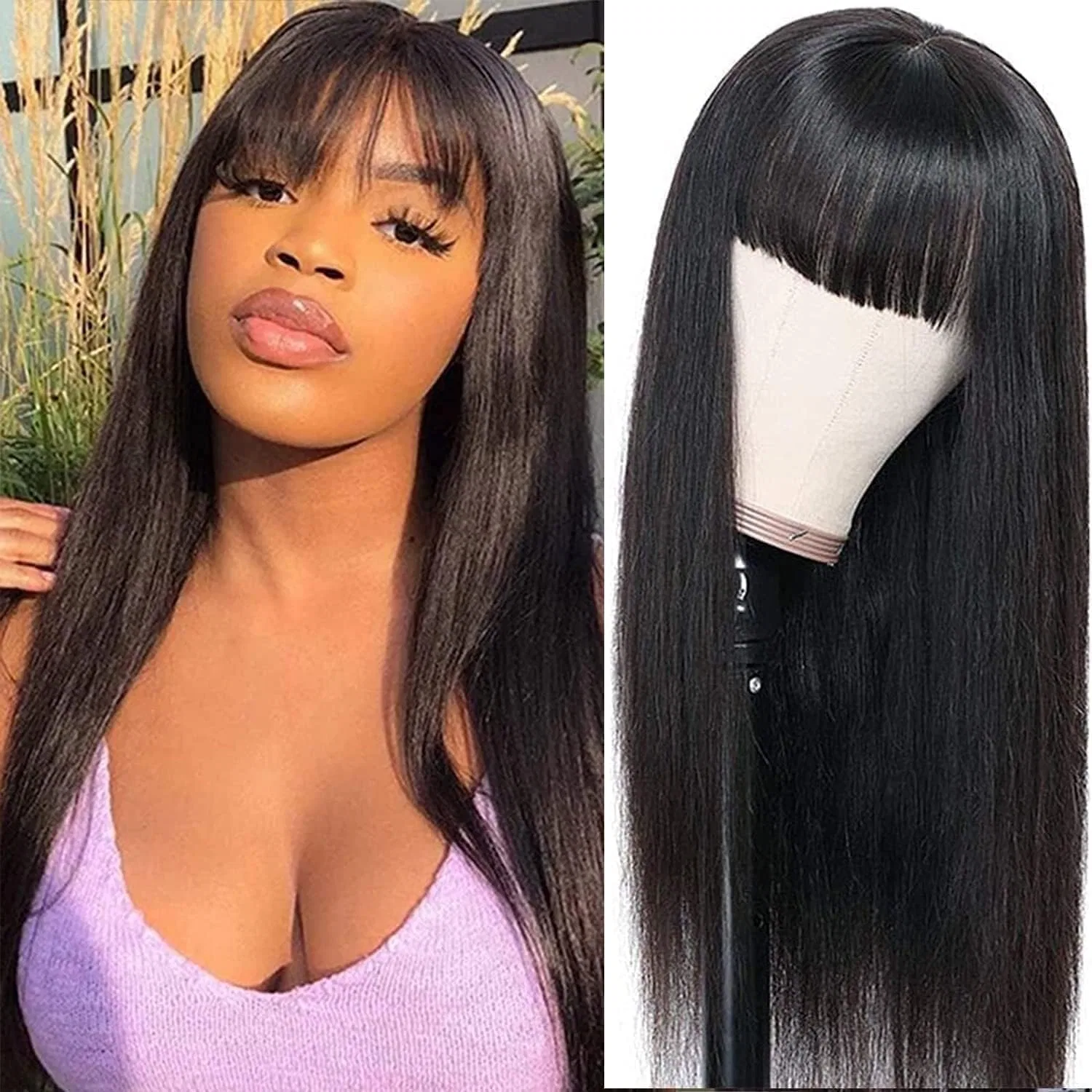 Прямой парик из натуральных человеческих волос Silky Straight с челкой Tmbitto