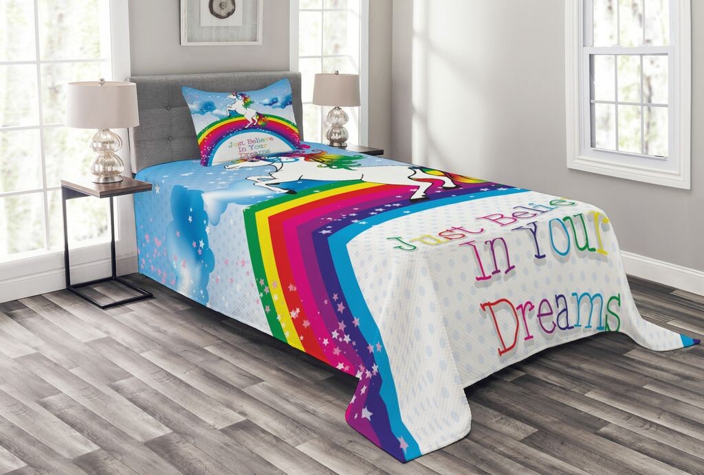 

ABAKUHAUS Комплект покрывала Unicorn, Unicorn Rainbow Fantasy, комплект с моющимися наволочками, для односпальных кроватей 170 x 220 см, разноцветный