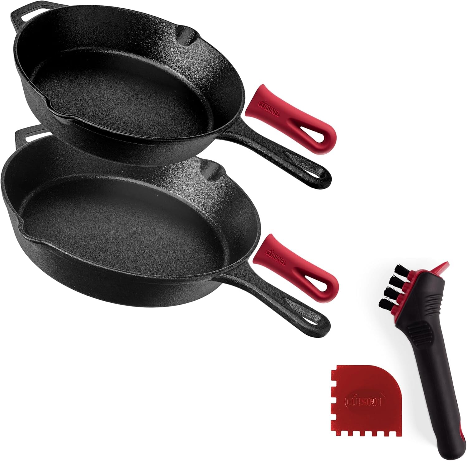 

Чугунные сковороды Cuisinel 10+12 дюймов + щетка для чистки — набор сковород с насадкой для мытья посуды