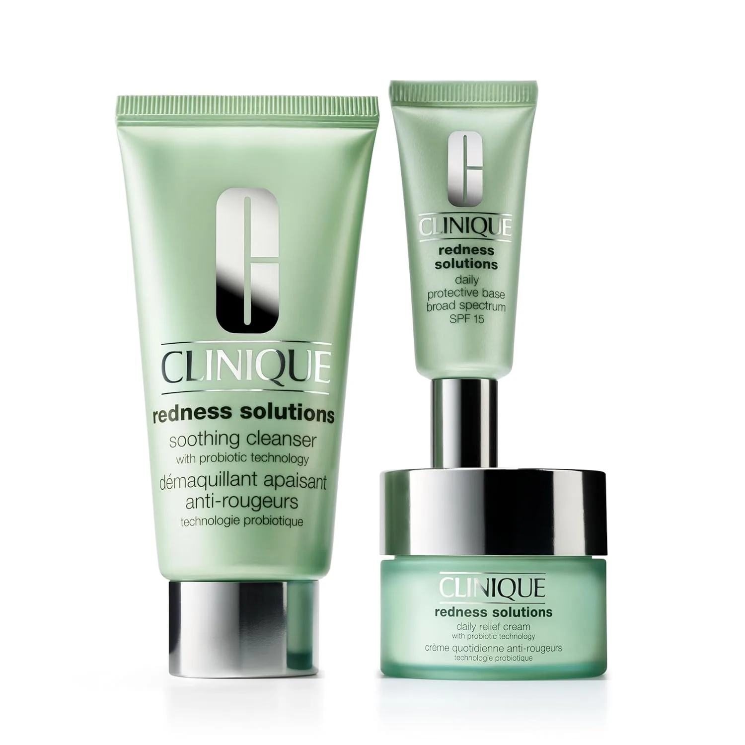 Набор Clinique Redness Solutions для ухода за кожей с покраснениями | успокаивающее очищающее средство 74 мл | крем для ежедневного успокоения 30 мл | защитная основа с SPF 15 15 мл
