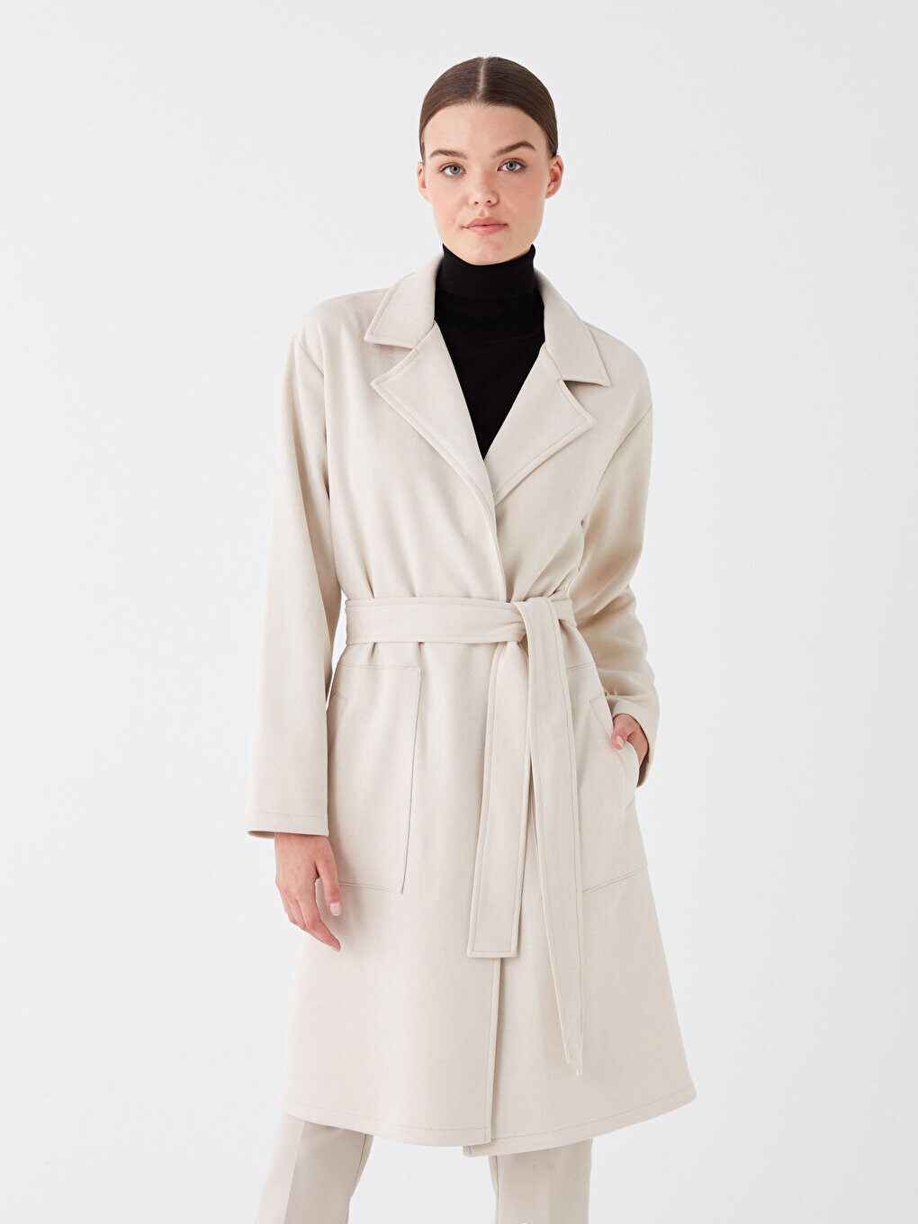 

Однотонный замшевый женский плащ с воротником куртки и длинным рукавом LCW Modest