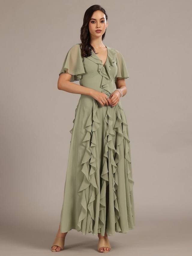 

Hertia платье макси с глубоким декольте и открытой спиной из шифона и вуали с рюшами Lace & Beads, Sage