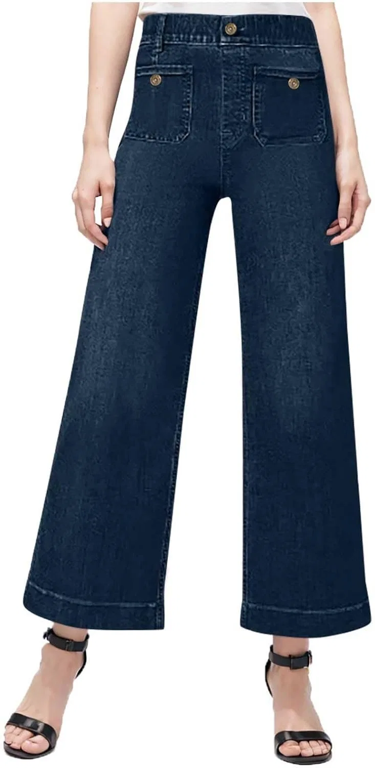 Джинсы широкие, Womens Elastic High Waisted Jeans Trendy Wide Leg Denim Pants Stretch Comfy Baggy Casual Vintage Trousers with Pocket, A01 Blue