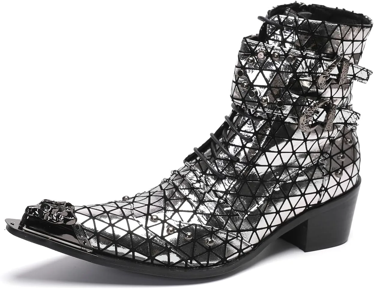 

Мужские повседневные вестерн-ботинки Santimon Mens - Средние ботинки из натуральной кожи с бусинами и металлическим носком «крыло» для выпускного, балла или дискотеки, серебряный