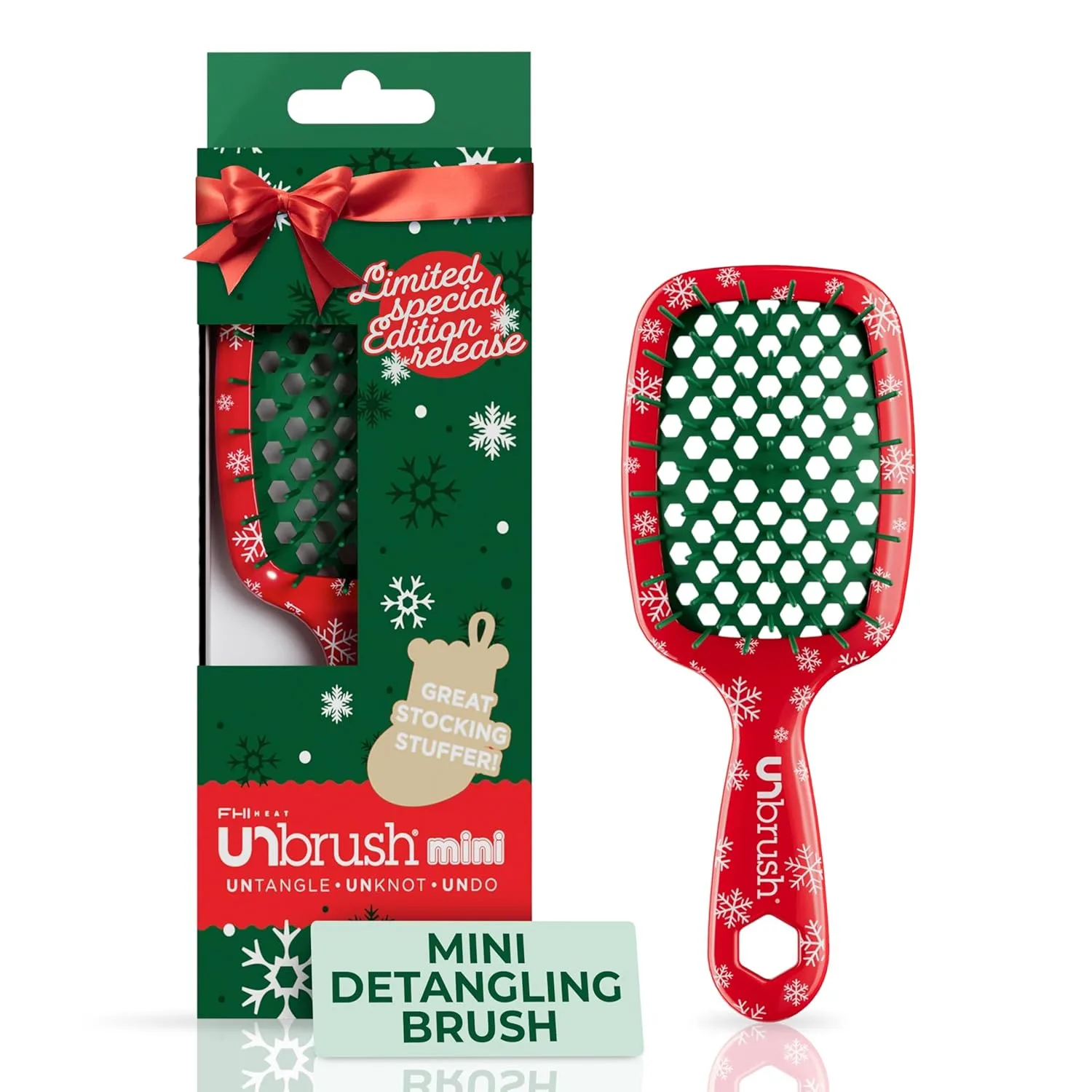 Мини-щетка для волос UNbrush Mini Holiday Hair Brush для безболезненного расчесывания всех типов влажных и сухих волос. Fhi Heat, Sleigh Ride Red