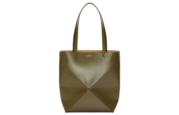 

LOEWE Складная блестящая сумка-шоппер из телячьей кожи среднего размера для женщин в темном хаки-зеленом цвете