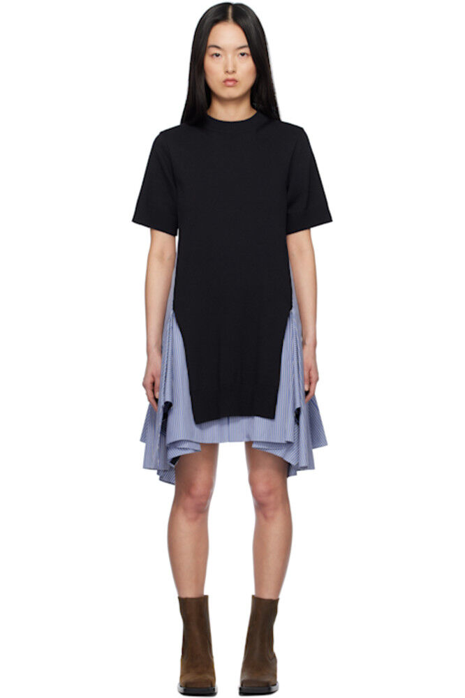 

Платье миди из хлопкового поплина и трикотажа темно-синего и синего цветов sacai