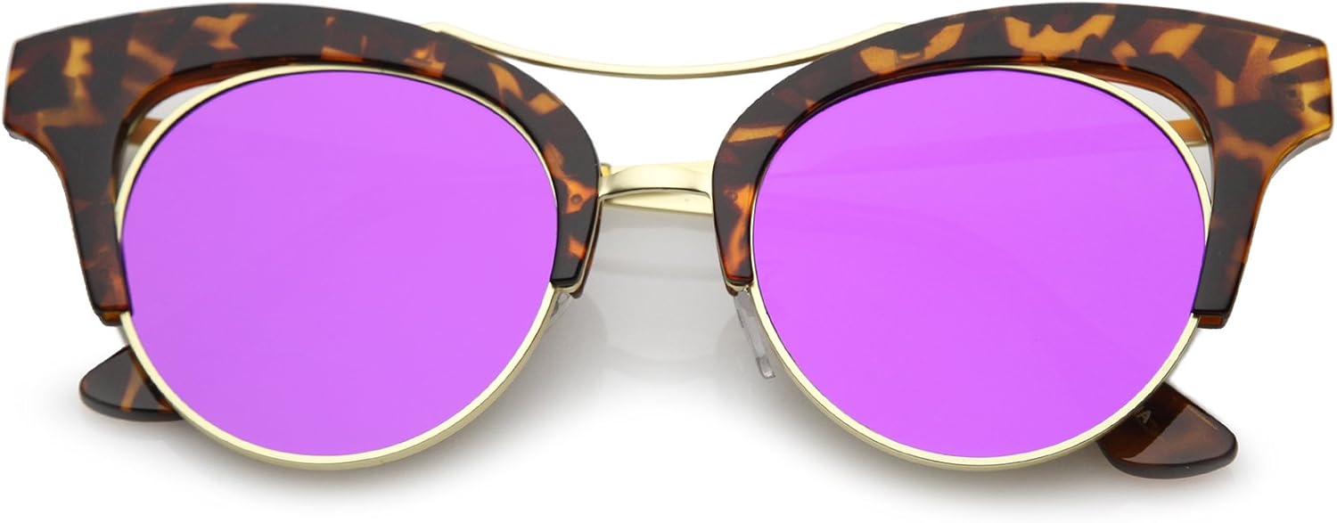 

zeroUV - Женские солнцезащитные очки с увеличенными линзами, оправой над переносицей, зеркальными линзами, круглыми плоскими линзами, в форме «кошачьего глаза», диаметр линзы 51 мм, Tortoise-gold / Purple Mirror