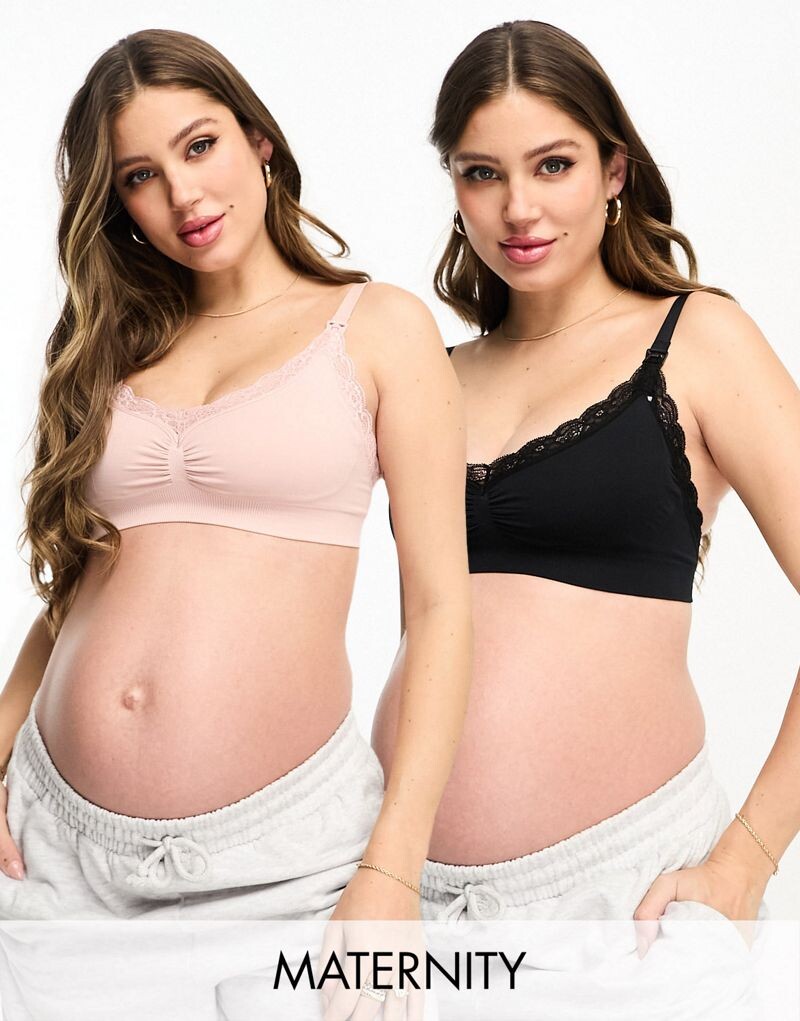 

Комплект из двух бесшовных комплектов Lindex Mom с кружевным бюстгальтером для кормления розового и черного цветов