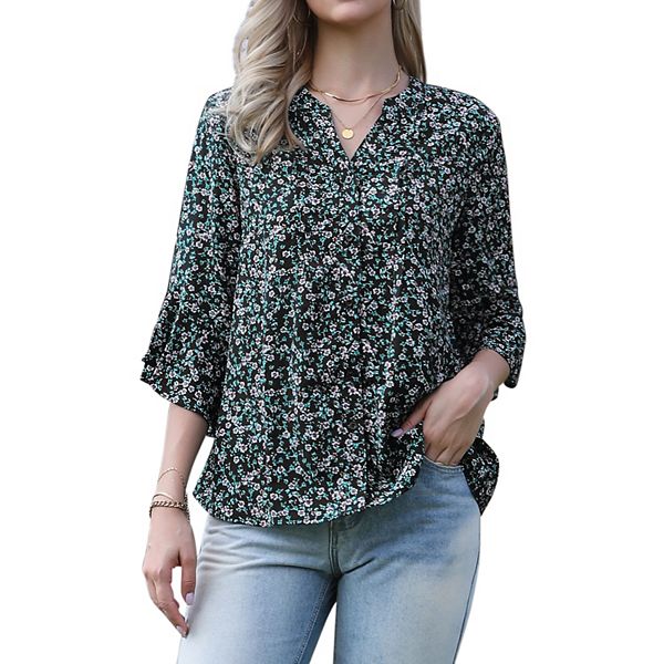 

Топ с v-образным вырезом и рукавом 3/4, летняя туника с цветочным принтом Inspire Chic