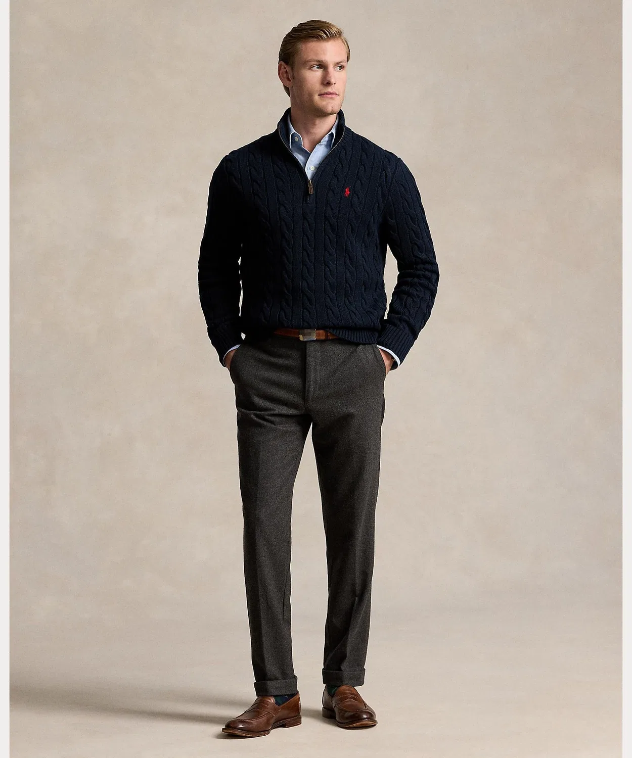 Свитер с косами, хлопковый, Polo Ralph Lauren, четверть-застежка, синий — фото 3