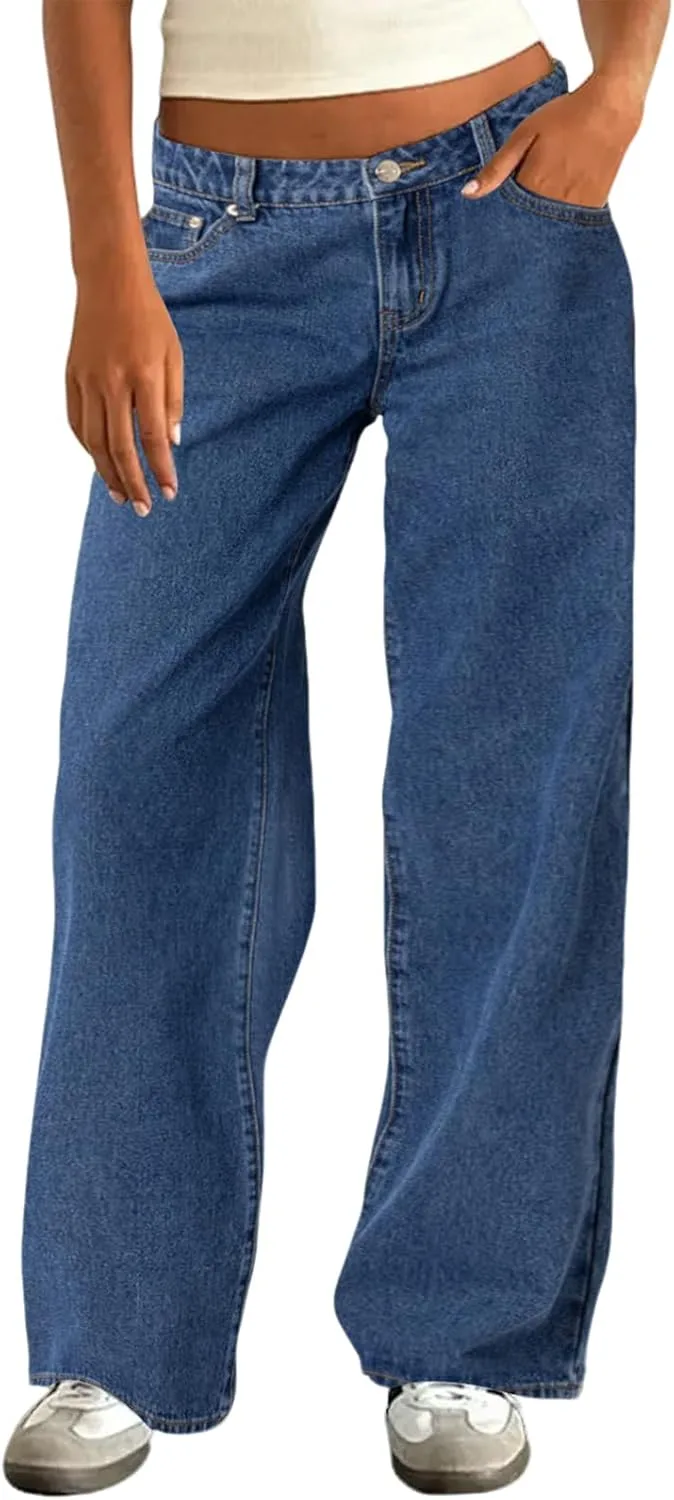Джинсы Low Rise для женщин, Straight Leg, Baggy Wide Leg, Y2k, Loose Fit, Casual, Comfy, с карманами