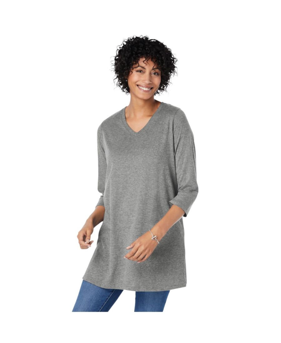 

Туника больших размеров с рукавами три четверти и V-образным вырезом Woman Within, Classic medium heather grey