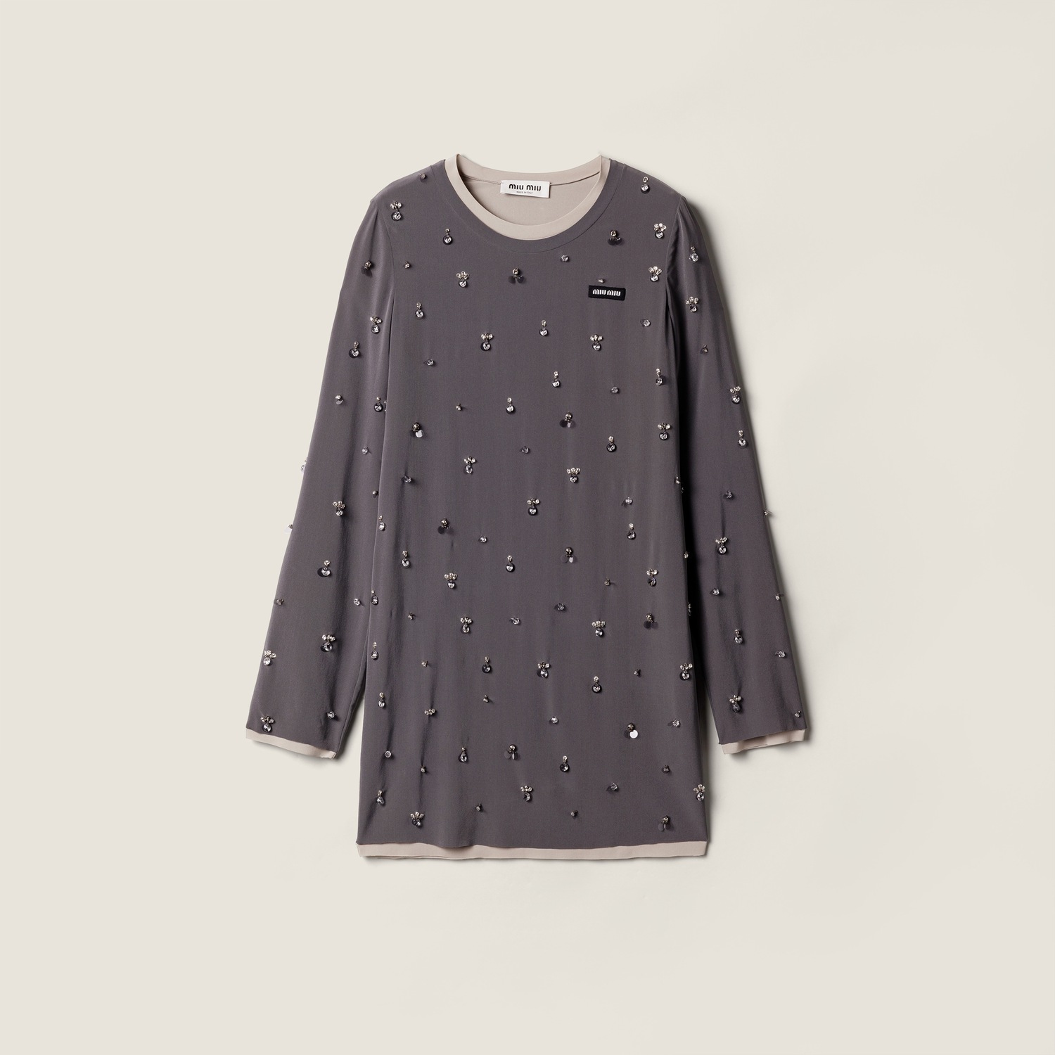 

Платье из стрейчевого крепа-шифона с вышивкой MIU MIU, железно-серый