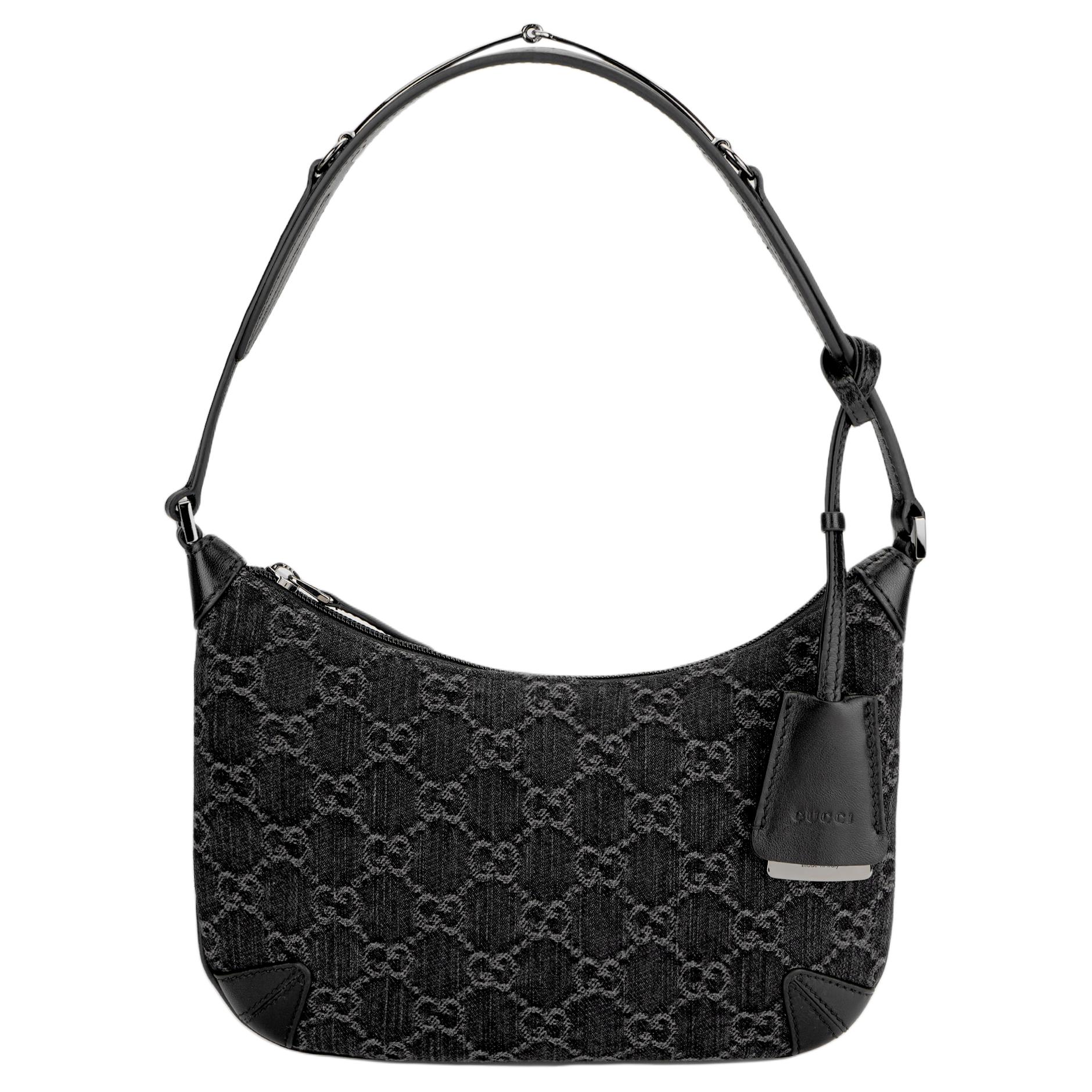 

Сумка через плечо из денима с кожаной окантовкой женская черно-серая GUCCI