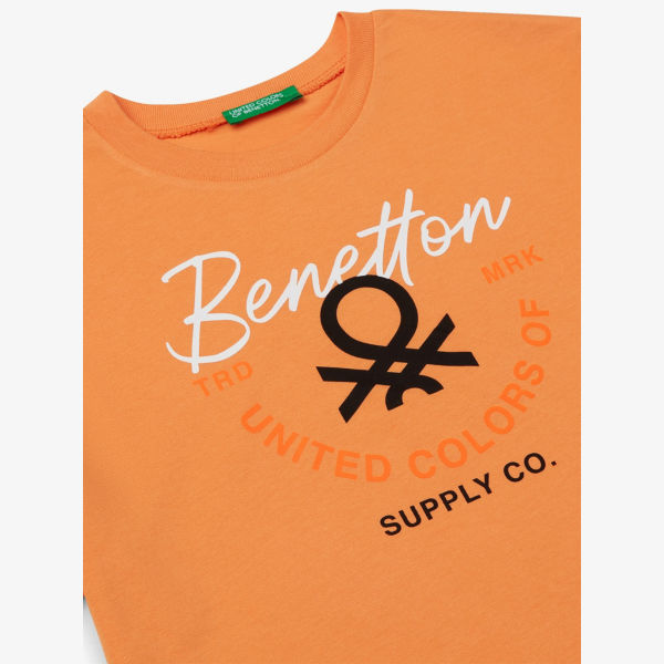 Футболка Benetton с круглым вырезом и принтом логотипа, абрикосовый — фото 2