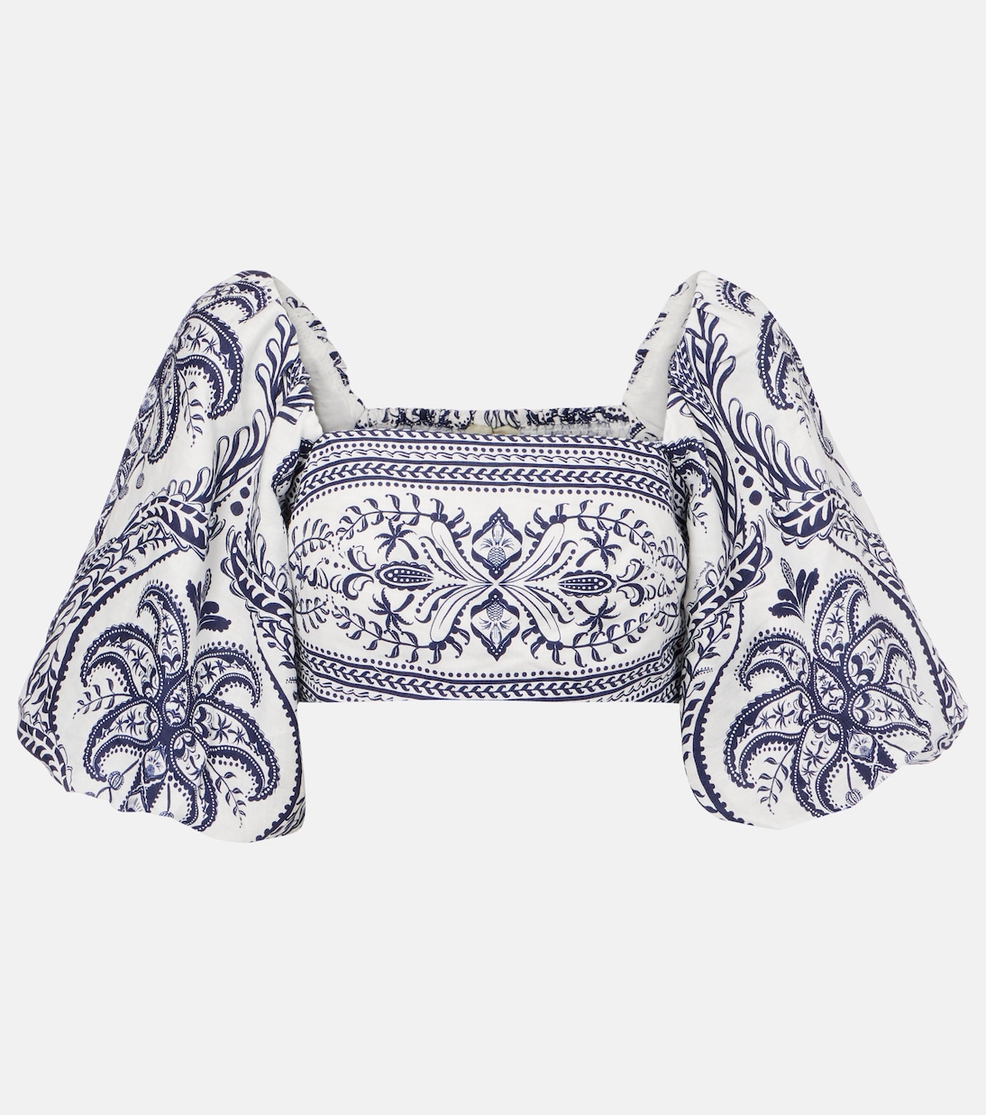 

Тропическая блузка из льна с принтом "камея" Farm Rio, Blue Tropical Cameo Off-White