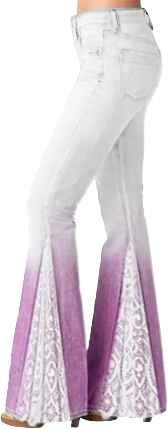 

Женские джинсы с цветочным принтом и расклешенным низом