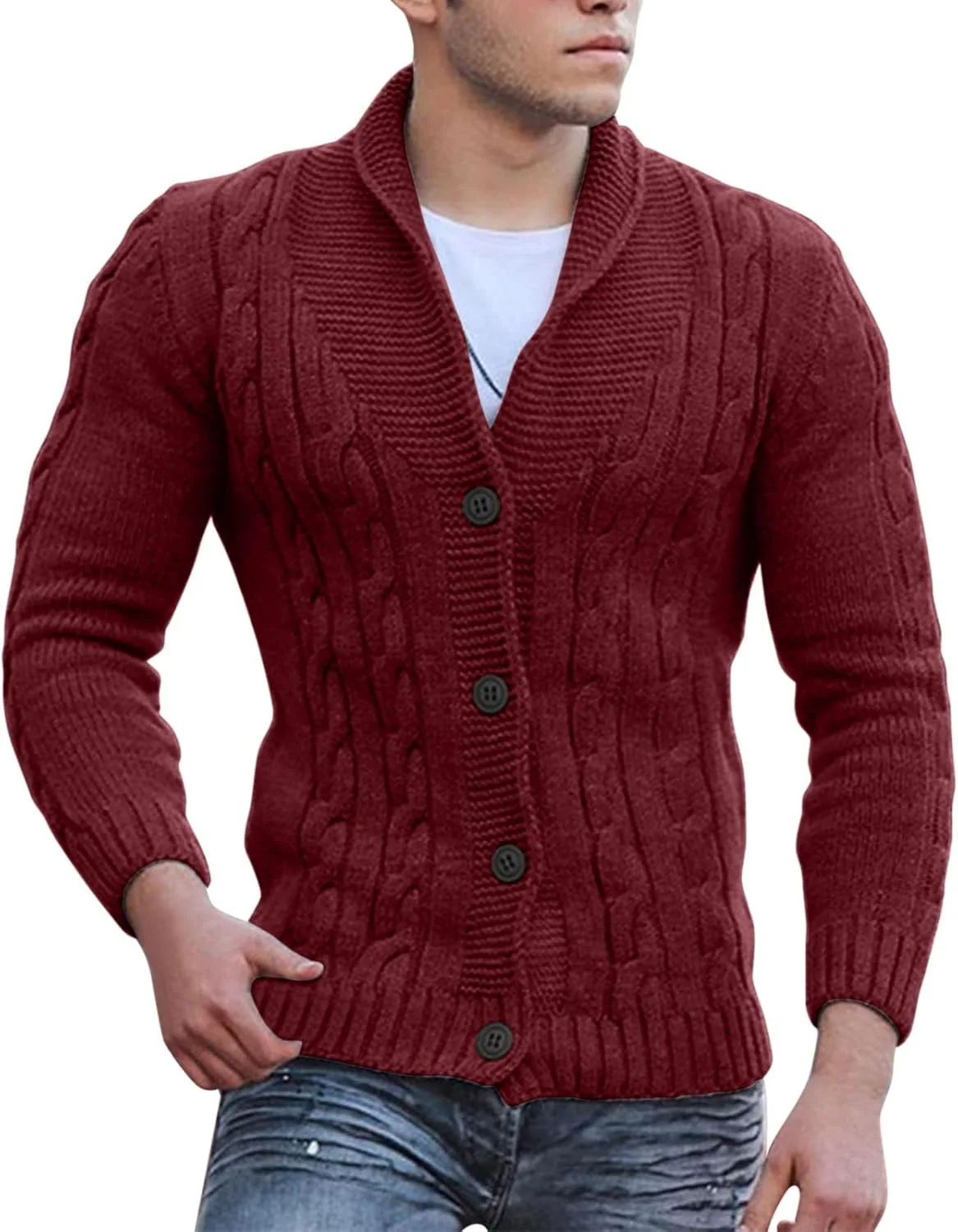 

Мужской кардиган с шалькой воротником, slim fit, кабельная вязка