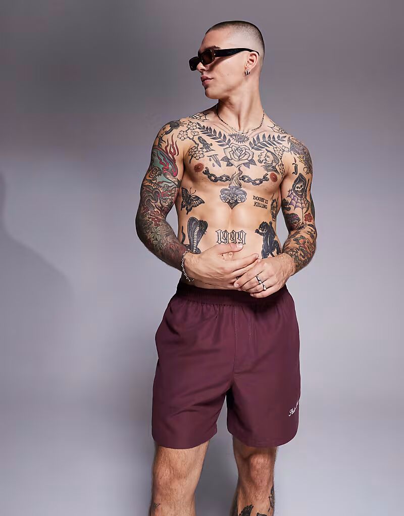 

Шорты для плавания ASOS DESIGN средней длины с вышивкой бордового цвета