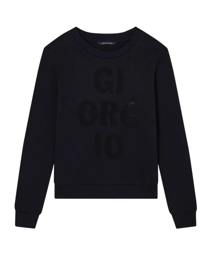 

Черный пуловер со стразами, круглый вырез, длинные рукава. Armani Exchange, черный