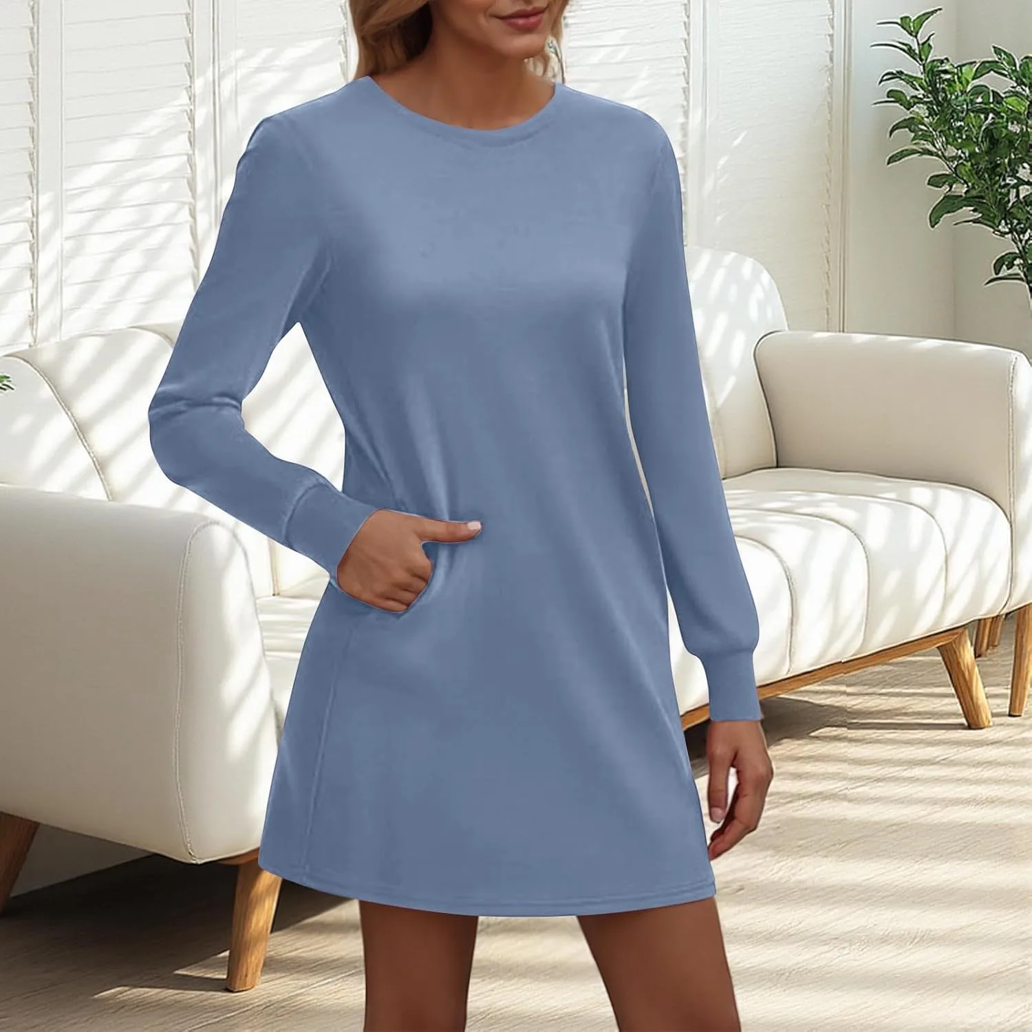 Осеннее платье для женщин Casual Sweatshirt Dress с круглым вырезом, длинным рукавом и карманами, силуэт A-Line, длина до колена, зимнее Generic, синий — фото 4