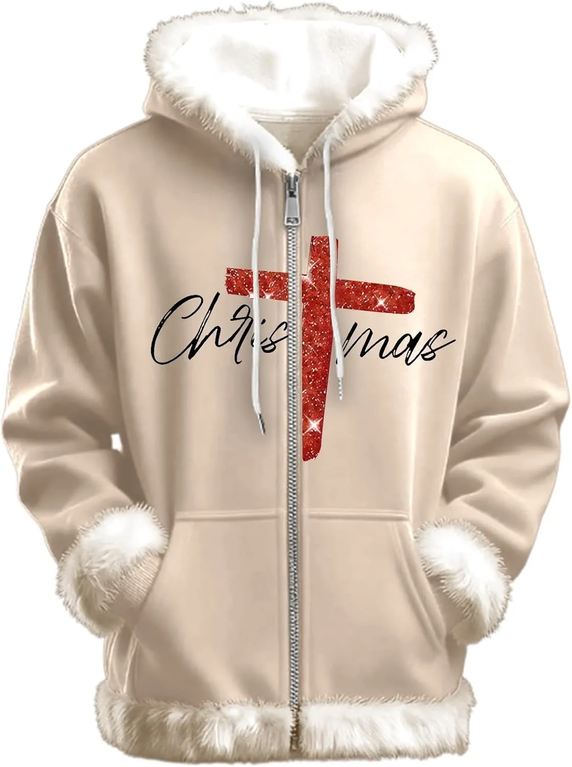 

Рождественская худи Sherpa для мужчин, утепленная, с молнией и отделкой из искусственного меха HBDHEJL