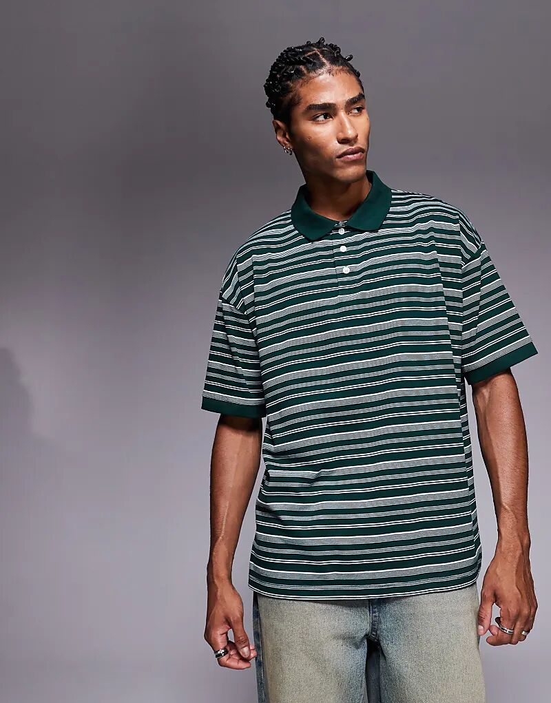

Свободное поло свободного кроя ASOS DESIGN в зеленую полоску