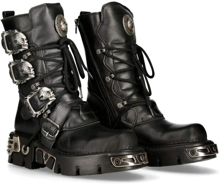 Мужские кожаные ботинки New Rock Metallic 391 Black Reactor с черепом, стиль готик-панк, черный/серебряный — фото 2