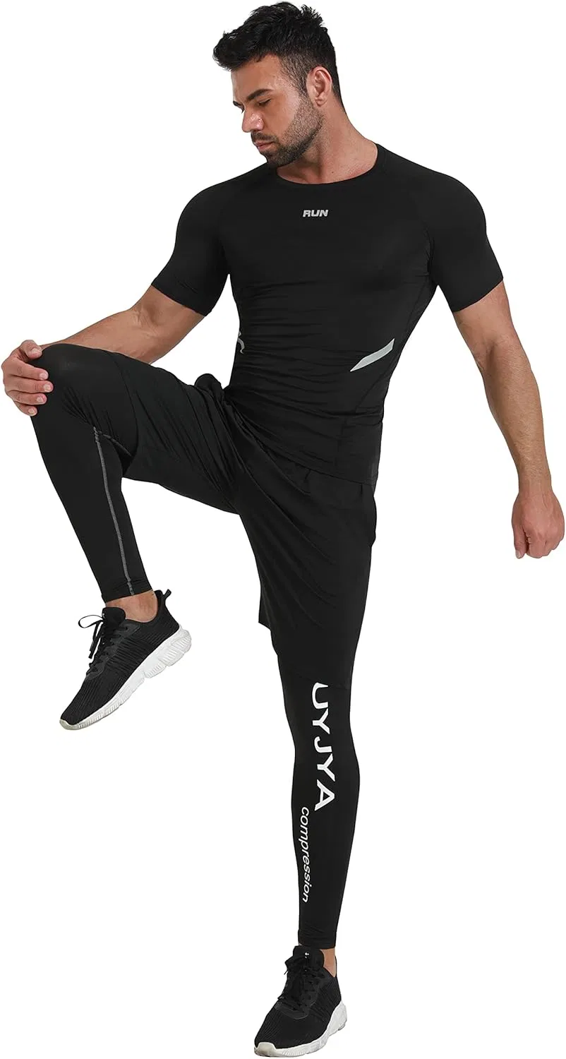 BUYJYA 5 шт. Мужские компрессионные штаны, рубашка, топ, куртка с длинным рукавом, спортивный комплект, одежда для спортзала, мужская одежда для тренировок, C Style — фото 3