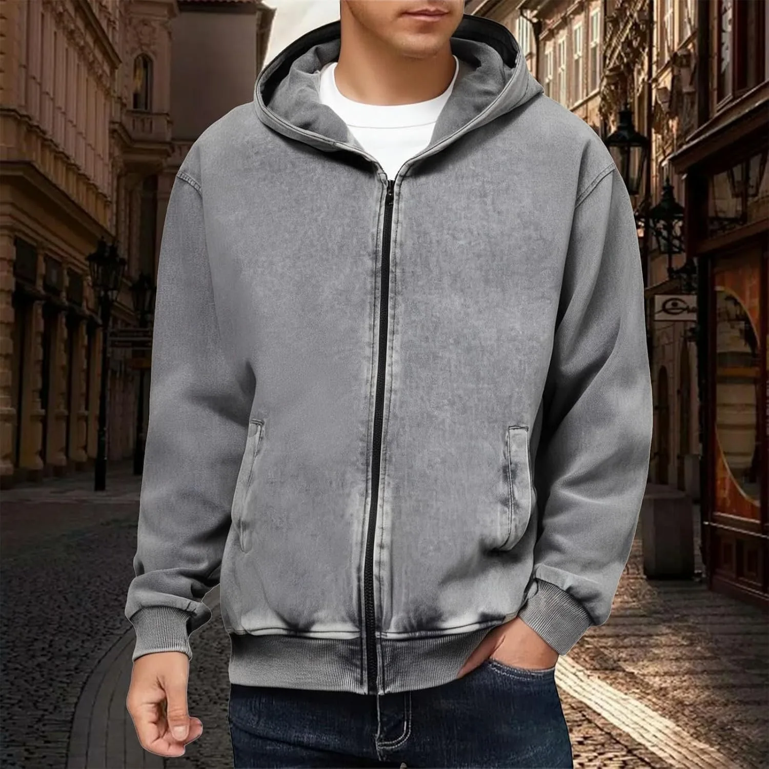 Винтажный худи с молнией для мужчин Casual Distressed Washed — фото 3