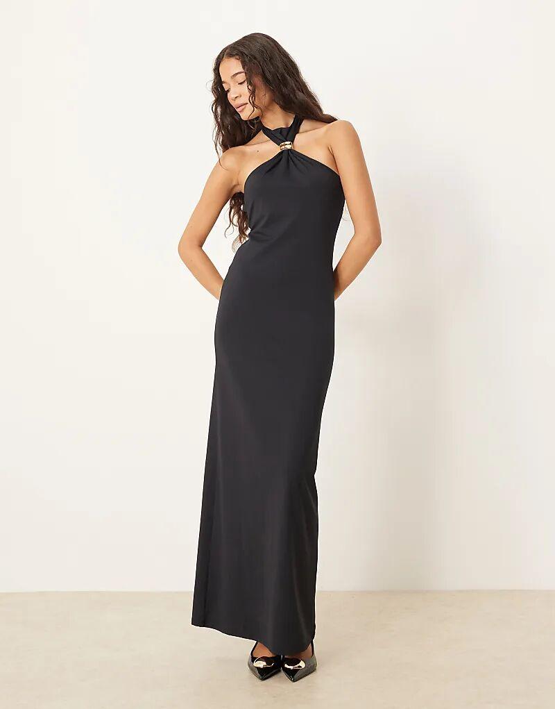 

Платье макси без рукавов ASOS DESIGN с высоким воротом и отделкой из золотистого металла черного цвета