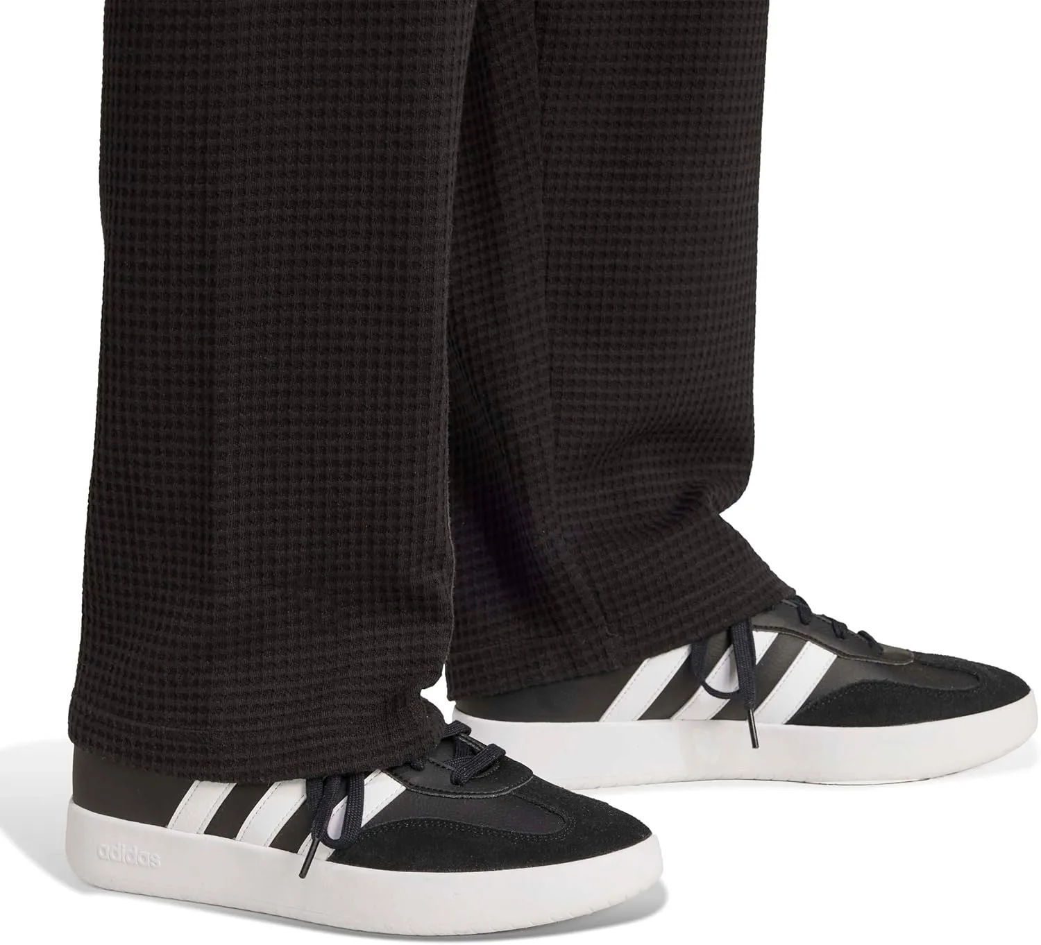 Мужские брюки Adidas All Season из вафельной вязки свободного кроя с открытым низом, черный — фото 4