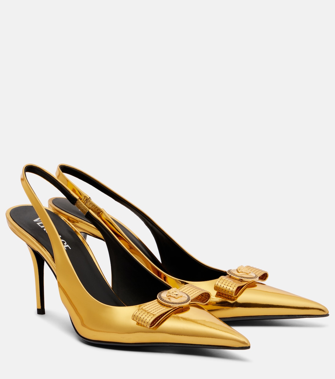 Туфли-лодочки Gianni Ribbon 85 из кожи с открытой пяткой Versace, Gold-Versace Gold
