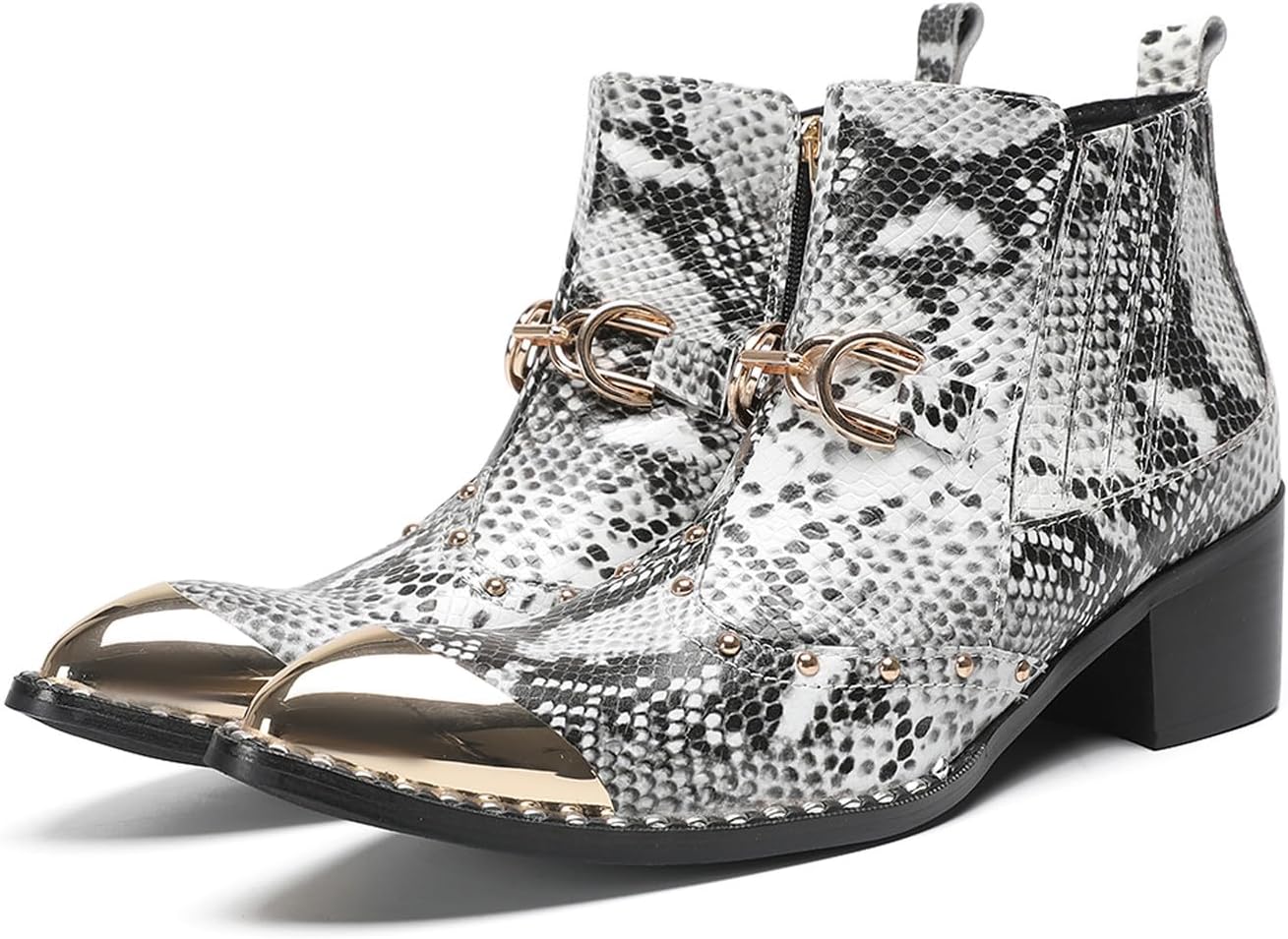 

Мужские ковбойские ботинки Chelsea Santimon с принтом змеи и кожей - металлический заостренный носок, пряжка Horsebit, заклепки на молнии на щиколотке, западные ботинки, каблук 5 см, модная обувь в стиле рок и родео, серый