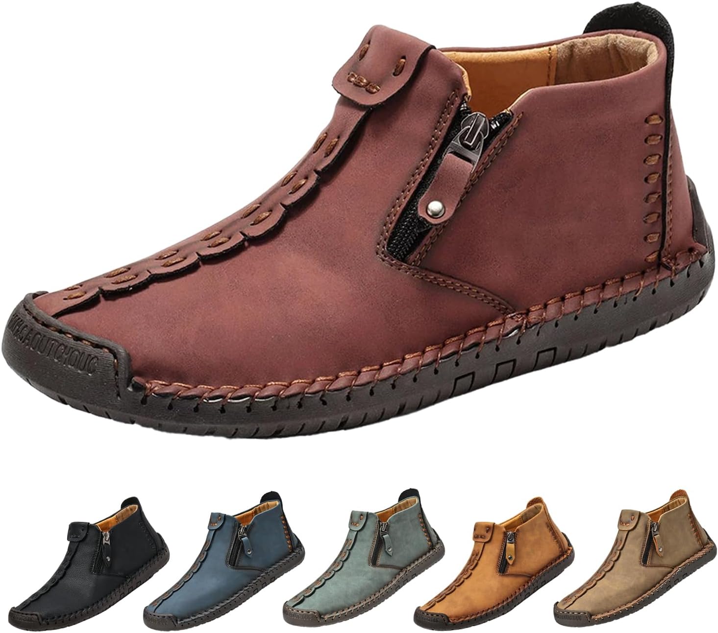 

Мужские полу-высокие ботинки Чакка, винтажный комфорт, ручная строчка, кожаные, водонепроницаемые, противоскользящие с молнией, для путешествий и походов Hneowgn, красный