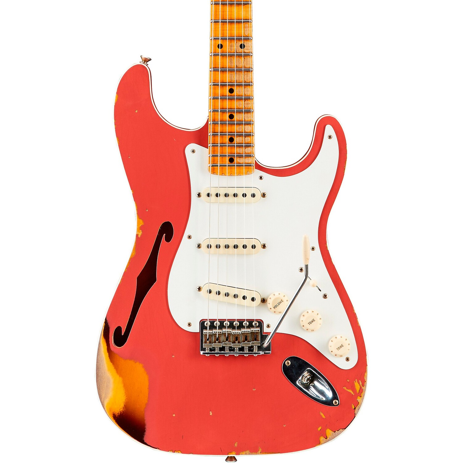 

Электрогитара Fender Custom Shop 1956 Heavy Relic Thinline Stratocaster, состаренная кораллово-розовая, Choc 2-Tone Sunburst
