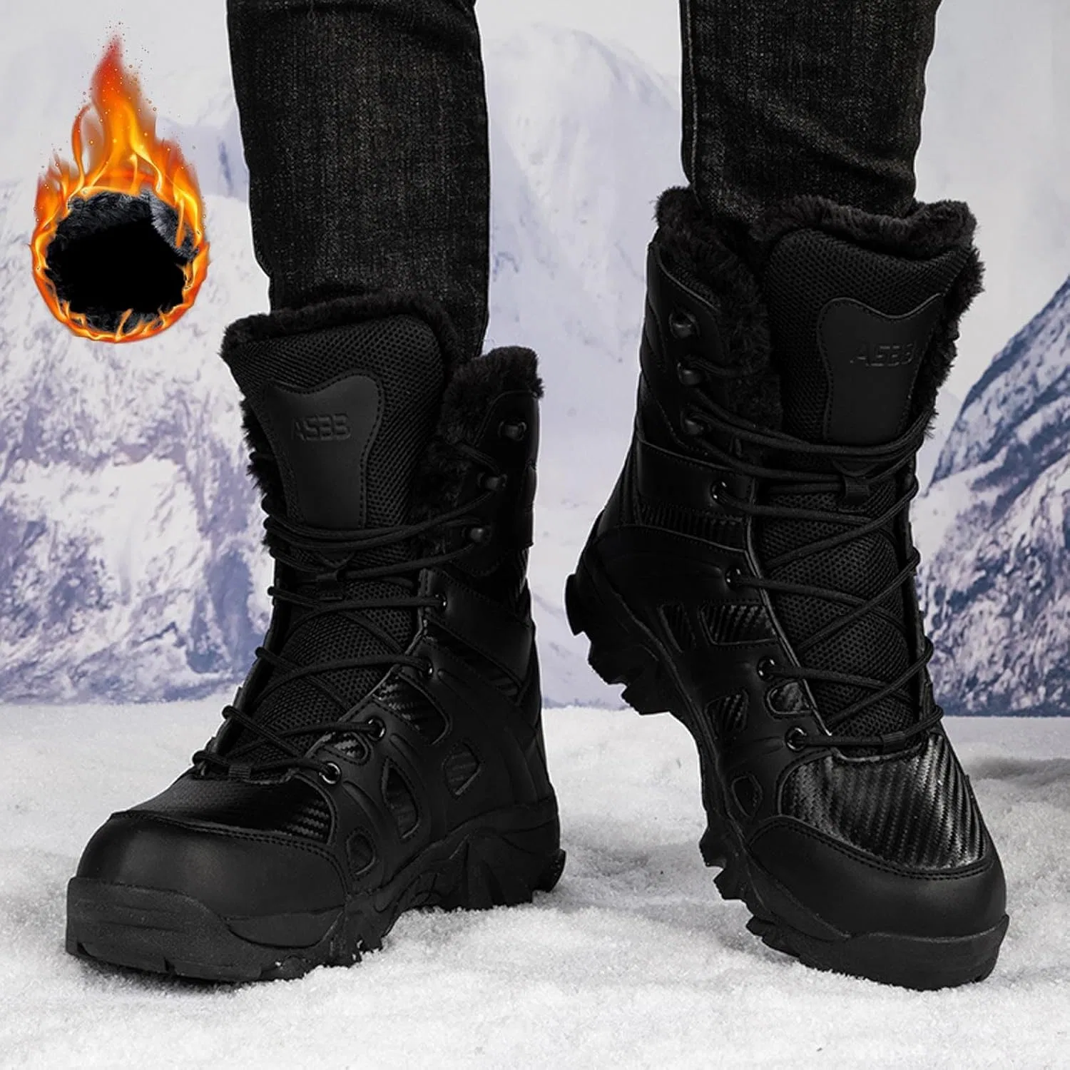 Ботинки Herren-Schneestiefel, Winterstiefel, modisch, Muster, einfach, verdickt, warm, dicke Sohle, bequem lässig, mit Schnürung Generic, Schwarz — фото 2